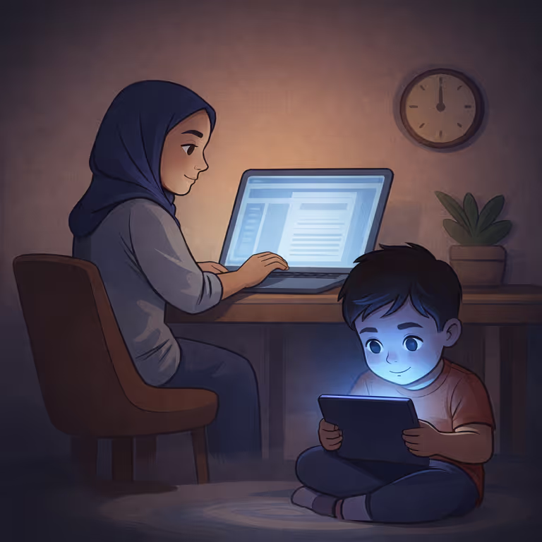 Parent and child with devices in a busy day