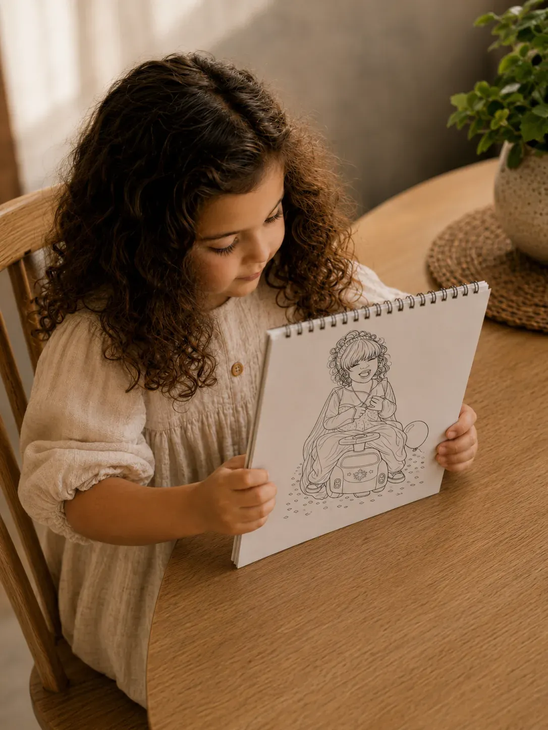 A young girl holding open her custom MemoSketch coloring book at a wooden table