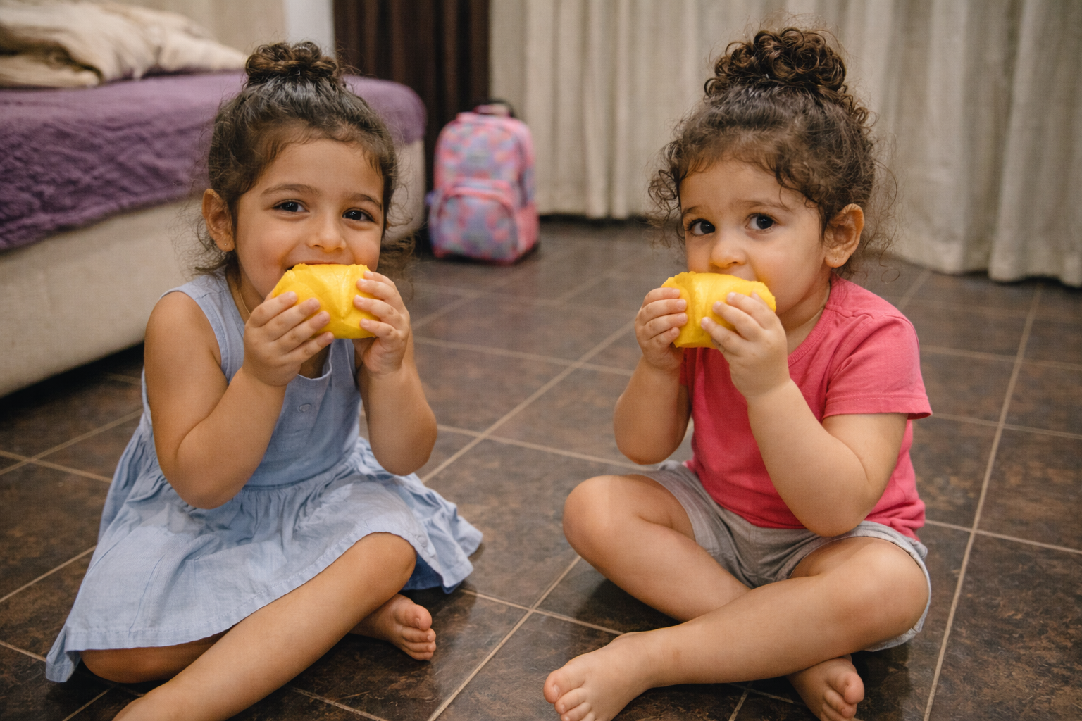 Original kids eating fruits photo used for personalized coloring book