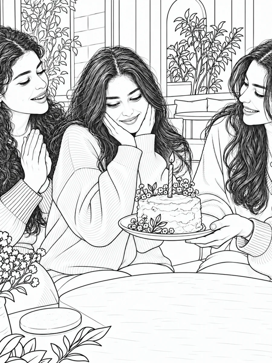 The same birthday moment drawn as a detailed line-art coloring page