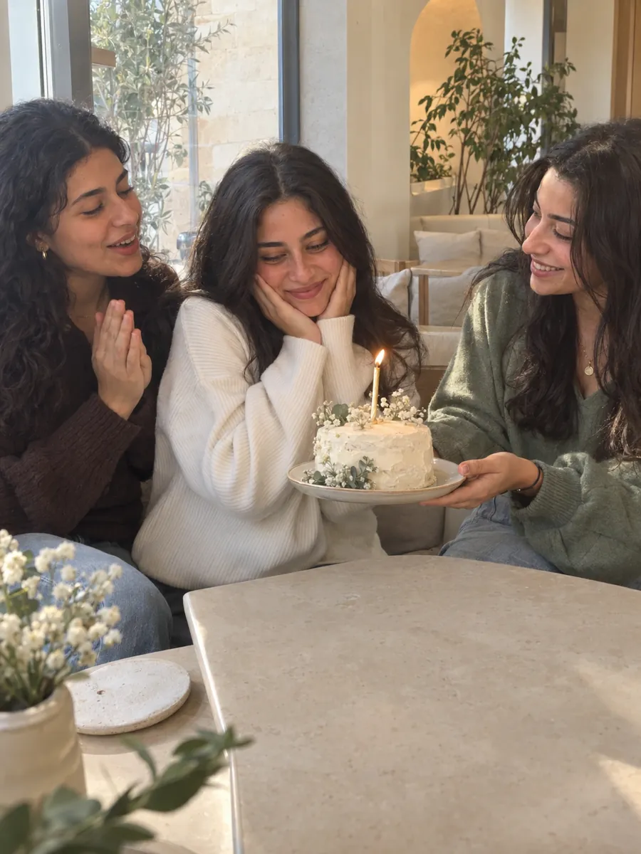 Three friends around a small birthday cake with one candle