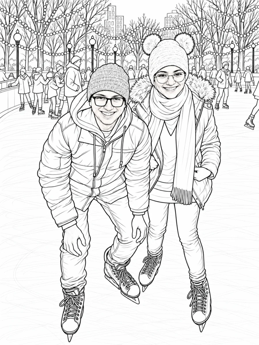 The same couple drawn as a detailed line-art coloring page