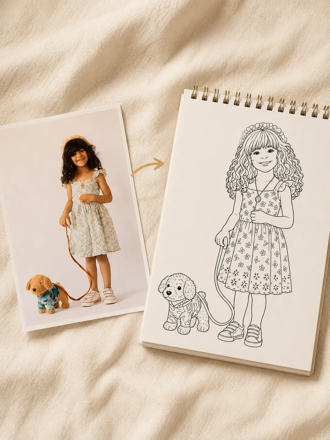 A young girl holding open her custom MemoSketch coloring book