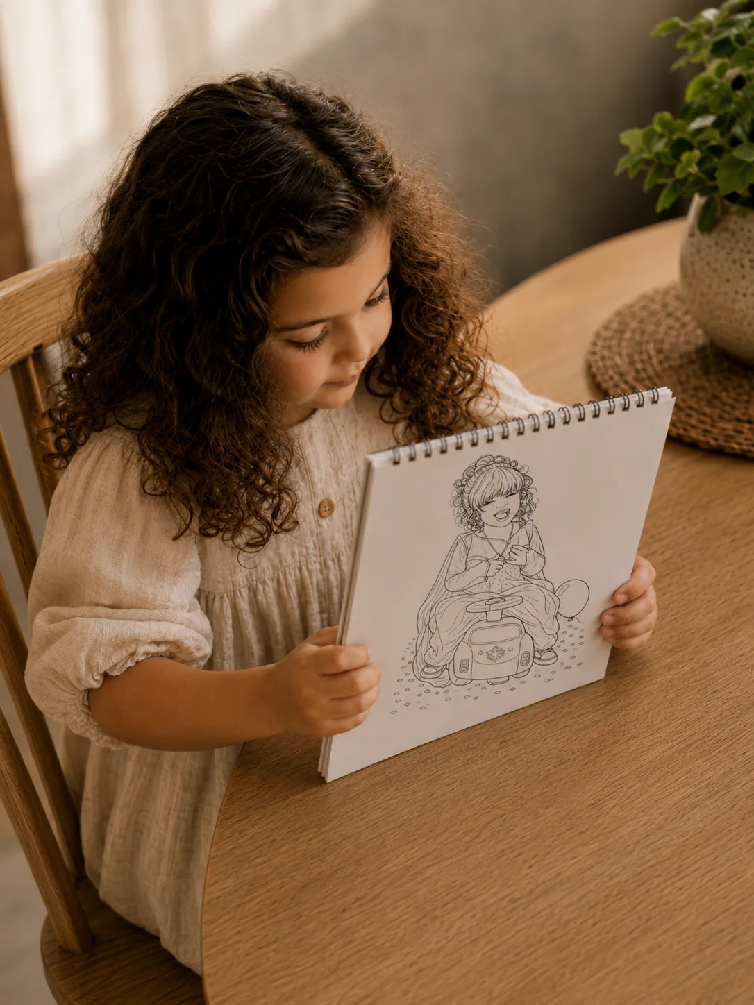 A young girl holding open her custom MemoSketch coloring book at a wooden table