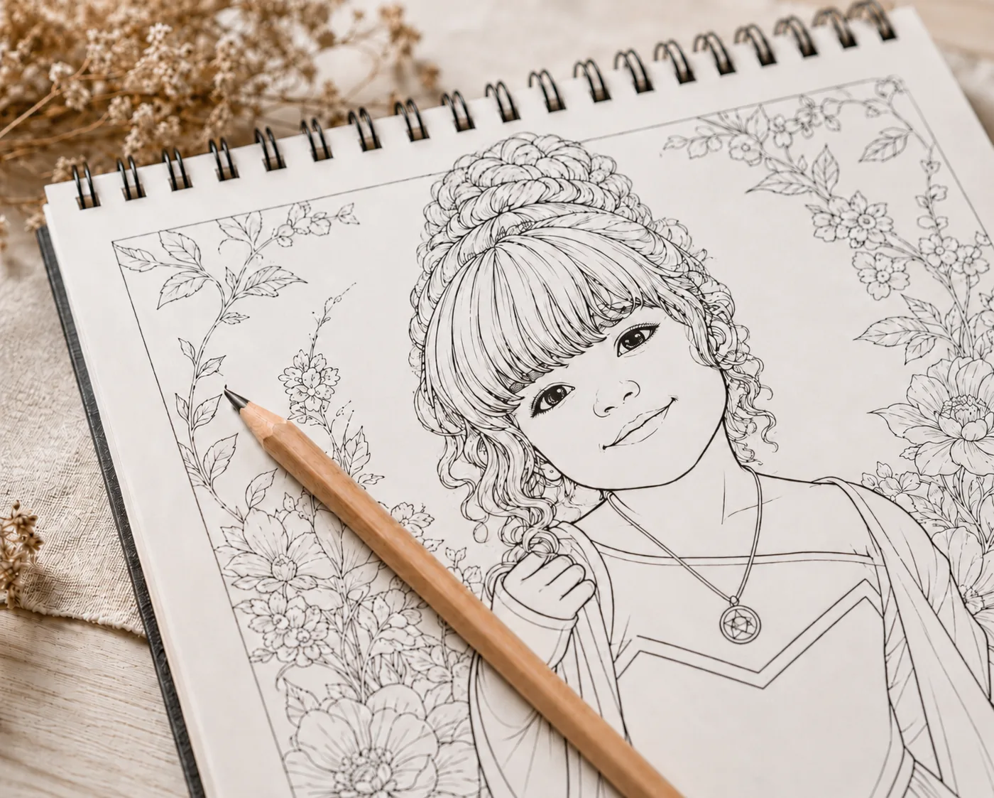 Close-up of a MemoSketch coloring page showing detailed line art, with a pencil resting on the page