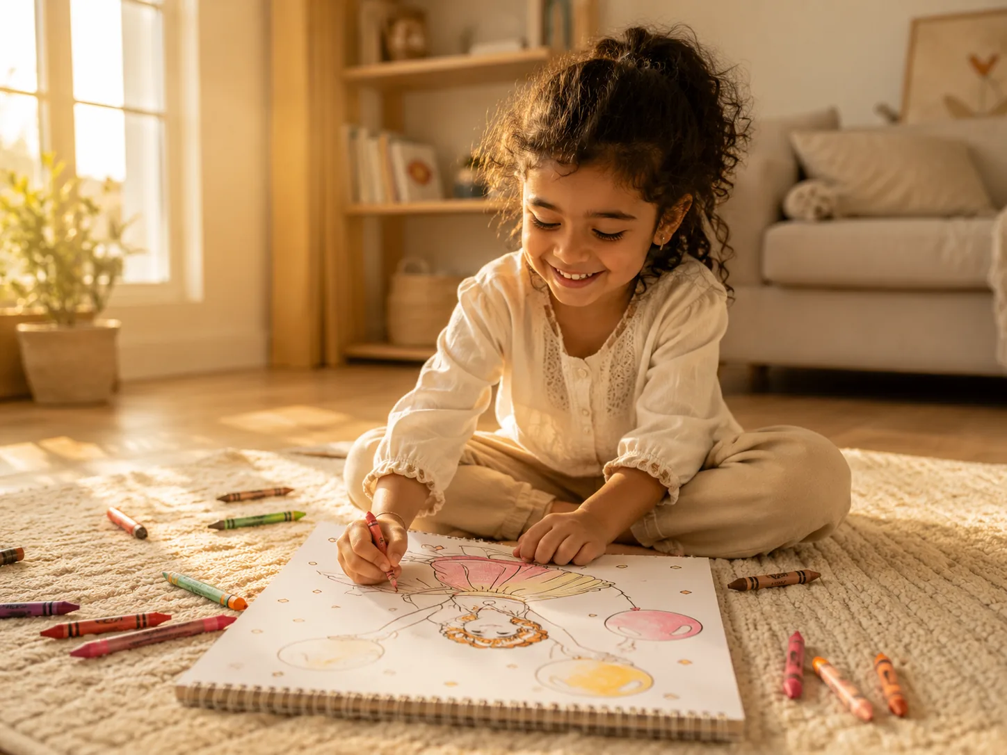 A young girl smiling while coloring her MemoSketch book on a sunny living room floor